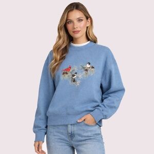Sawyer Creek Studio Chickadees & Cardinal Sweatshirt Slate Blue Size Large